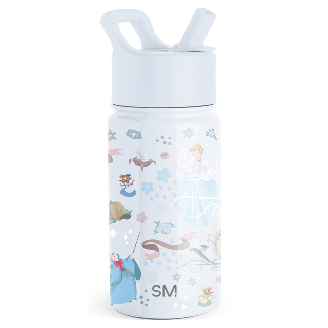 White water bottle with illustrated floral pattern in pale blue, dusty rose, light peach, tan, and muted gray tones on body and lid