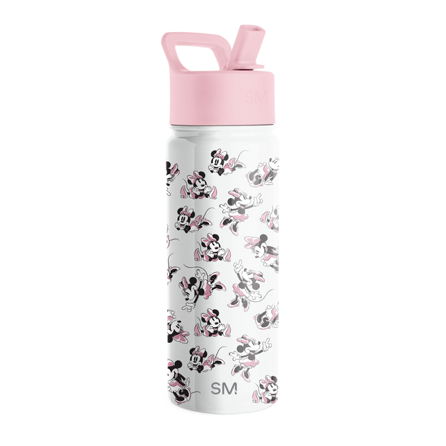 Simple Modern water bottle with white cylindrical body and pink cap on white background