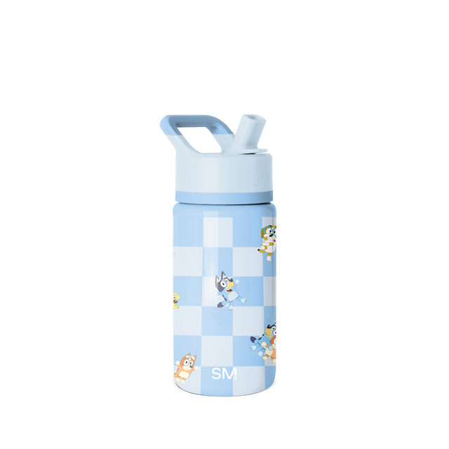 Light blue and white checkerboard water bottle with pale blue cap and lid accents, white handle and spout