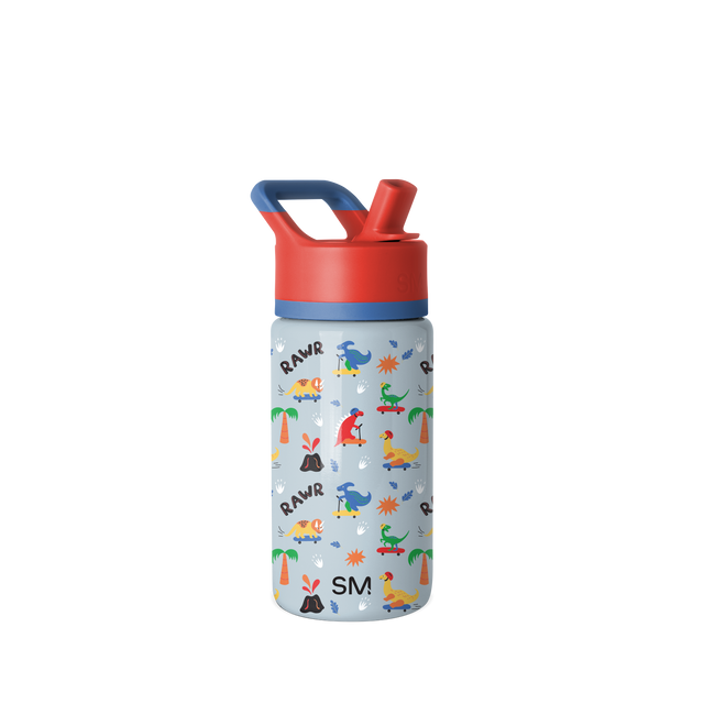 Light gray-blue water bottle with bright coral red top, deep navy blue band and handle