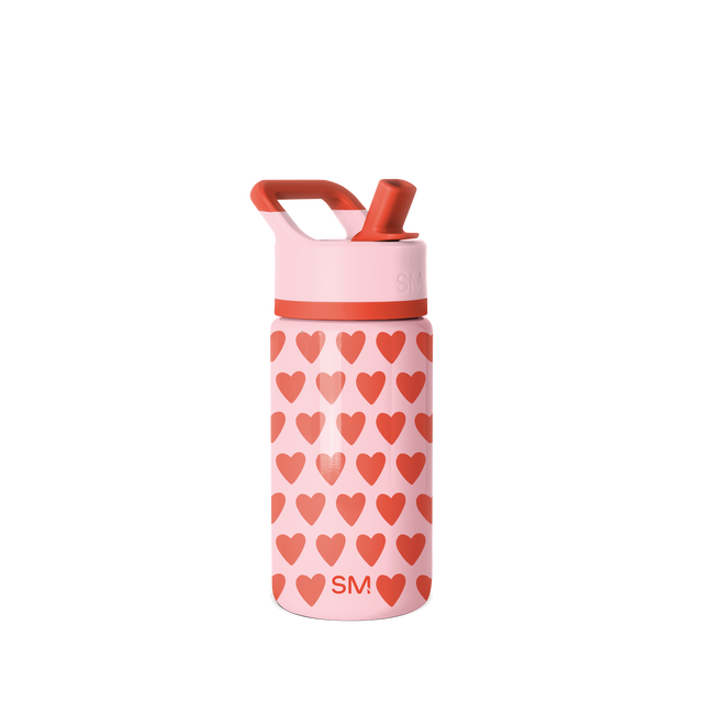 Simple Modern water bottle with soft pink base and coral-red heart pattern on white background