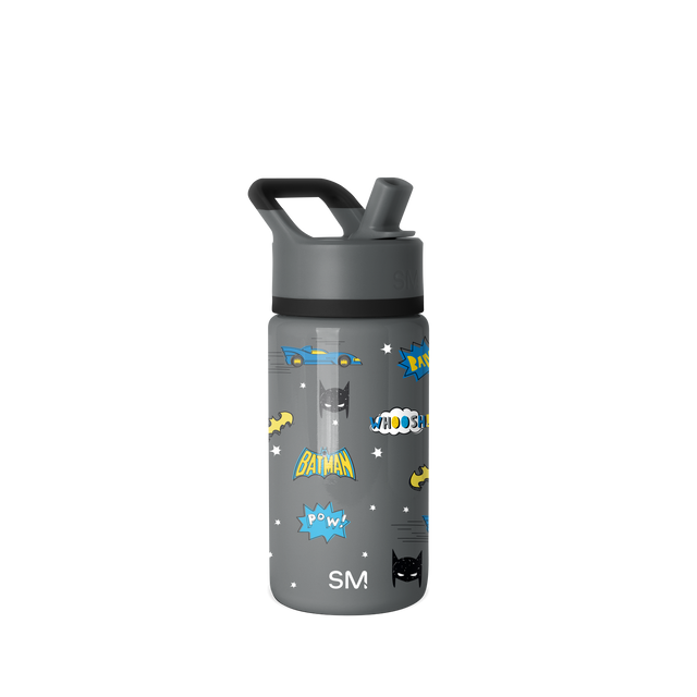 Charcoal gray water bottle with black lid and spout, featuring bright blue and vibrant graphic accents on the design.