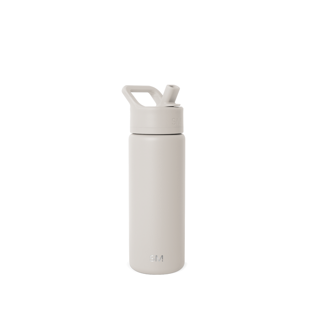 Cream-colored water bottle with matching cap on white background