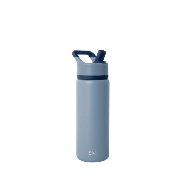Soft blue-gray water bottle with navy blue lid and cap assembly, two-tone design in muted slate and dusty blue tones.