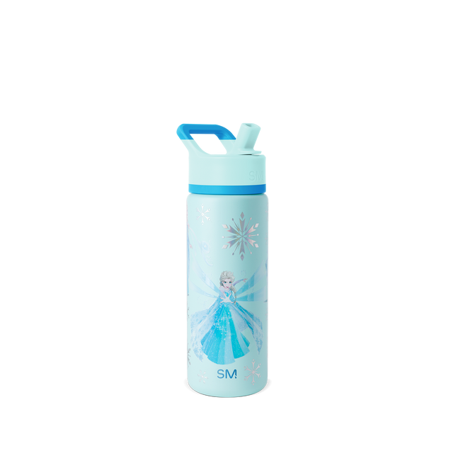 Pale ice blue water bottle with medium blue accents on cap, base band, and handle against white background
