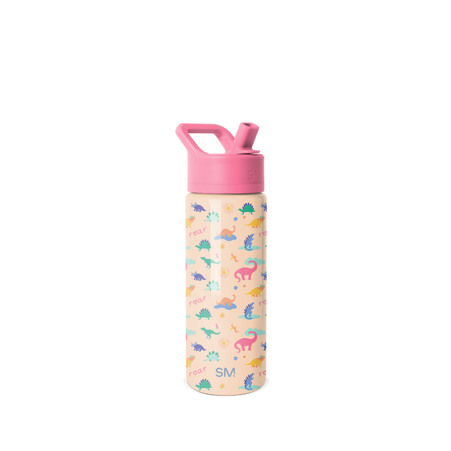 Soft peachy-beige water bottle with vibrant bubblegum pink cap and carrying handle, featuring a colorful repeating dinosaur pattern on the body.