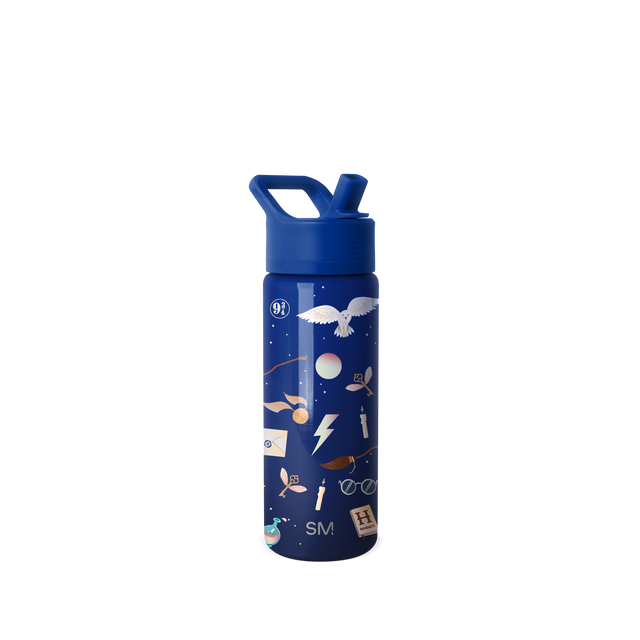 Navy blue insulated water bottle with matching lid and carry handle, featuring cream and white accents.