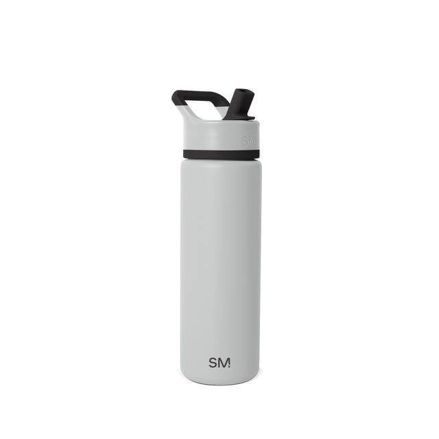 Pale gray matte insulated water bottle with cylindrical shape on light gray background