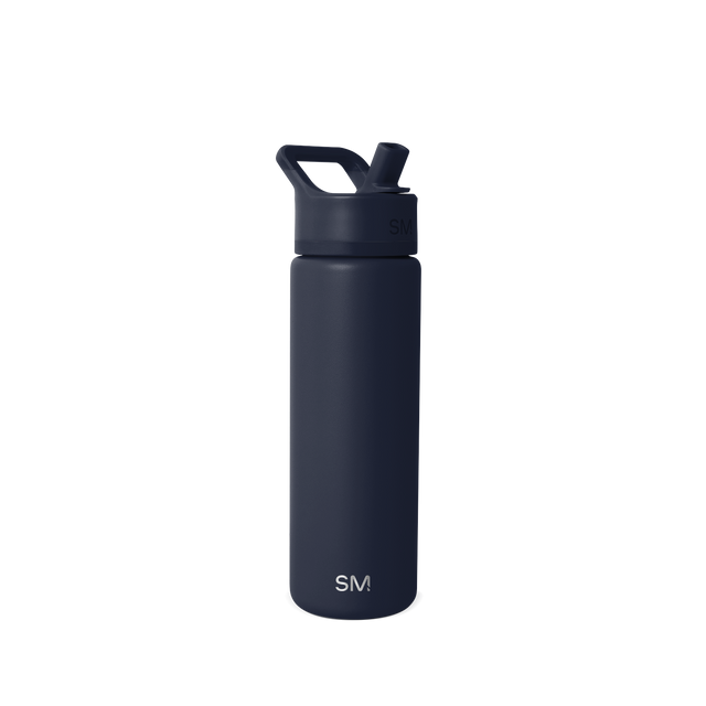 Deep navy blue water bottle on white background