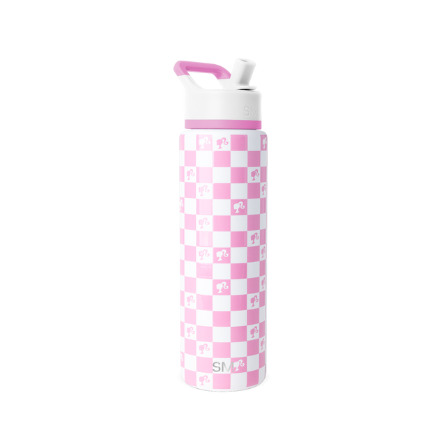 Pink and white checkerboard water bottle with matching lid and handle accent details