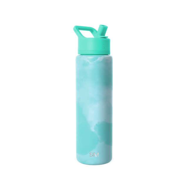 Soft turquoise water bottle with cloud-like tie-dye pattern in teal, light blue, and white shades. Solid-colored cap and carry loop.