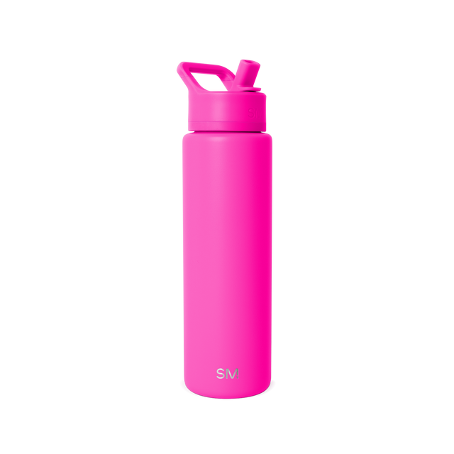 Hot pink water bottle with white background
