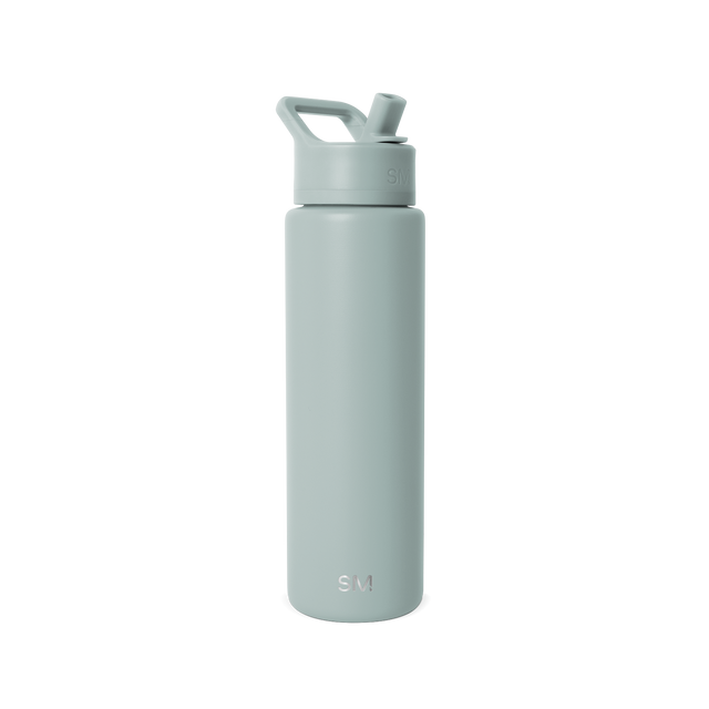 Sage green water bottle with matching cap and handle on a clean background