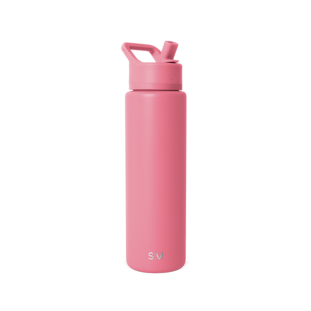 Soft dusty pink water bottle with white cap displayed against a clean white background, shown in full product view.