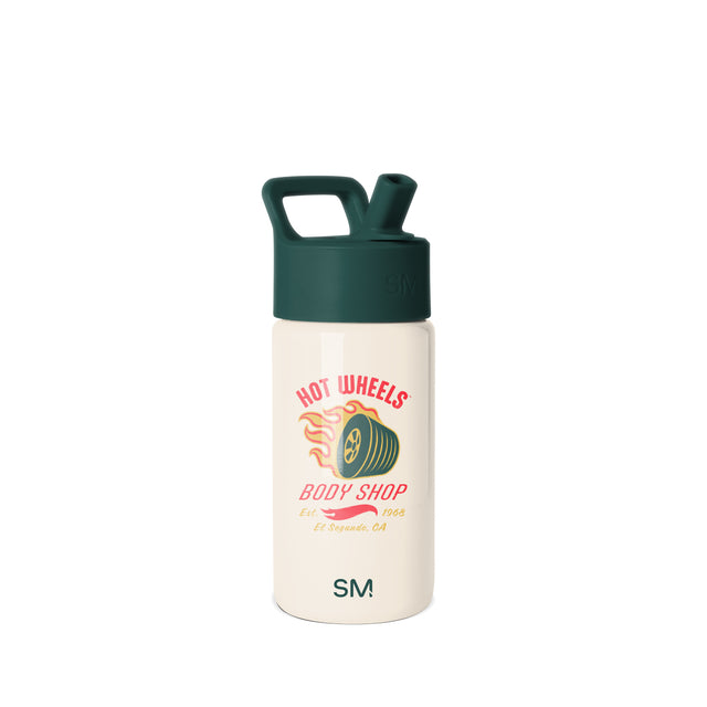 Cream colored Simple Modern water bottle with dark green cap and handle, featuring vintage hot rod wheel graphic with orange flames, 