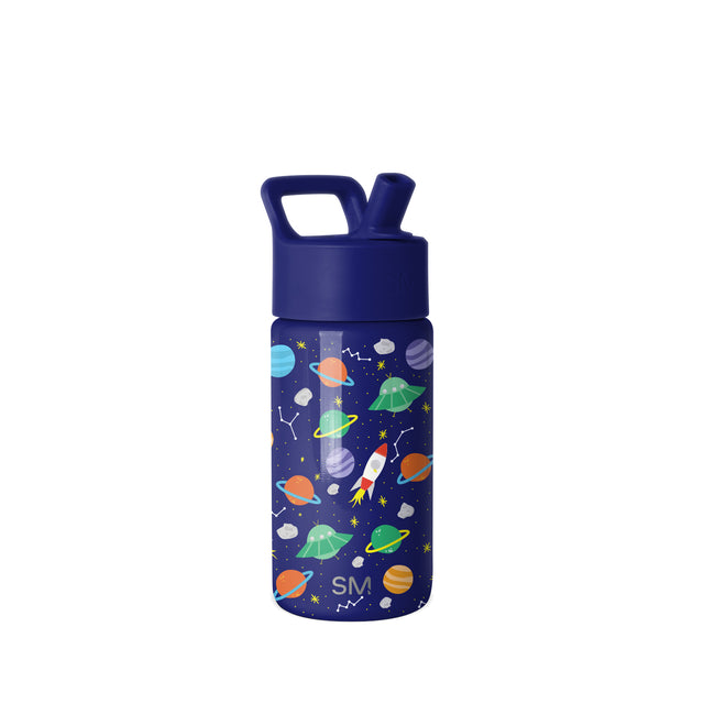 Navy blue children's water bottle with space-themed graphic design featuring colorful planets, red rocket, green UFOs, stars, and constellations. Pop-top spout and square handle. Simple Modern brand.
