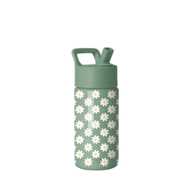 Sage green Simple Modern water bottle with white daisy flower pattern and yellow centers, featuring a flip-top spout with carry handle, isolated on white background.