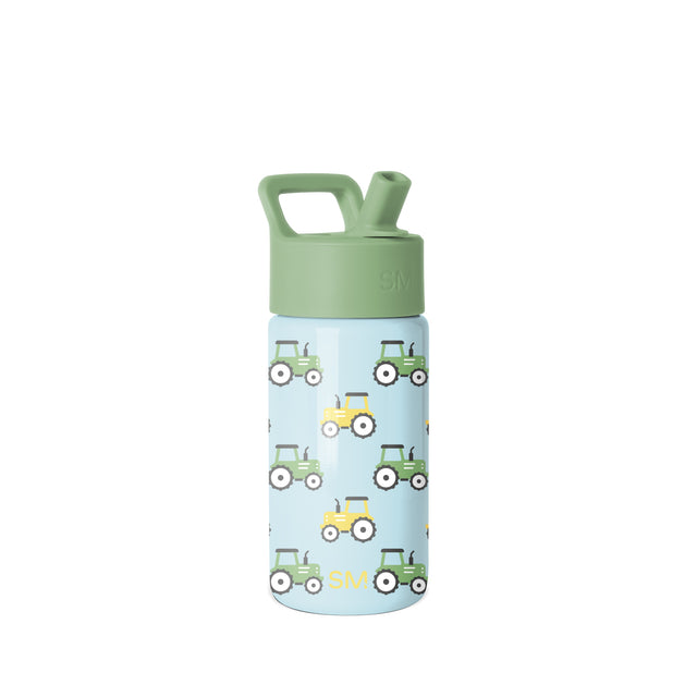 Light blue Simple Modern 14-ounce water bottle with sage green lid, handle, and spout. Tractor pattern in green and yellow across the bottle body. White background.