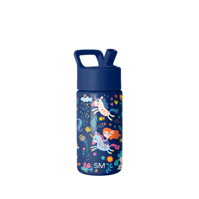 Navy blue Simple Modern kids water bottle with wide-mouth design, featuring colorful illustrated unicorns, a girl with orange hair, clouds, flowers, hearts, and stars in coral, pink, blue, yellow, and green.