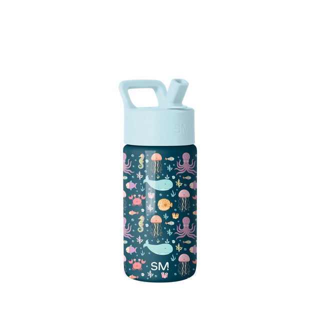 Simple Modern insulated water bottle with pale blue cap and dark teal body featuring colorful underwater creatures including octopuses, jellyfish, whales, fish, and coral in pink, yellow, and cyan tones.