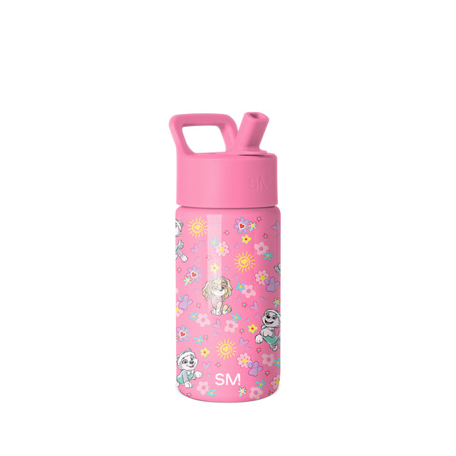 Hot pink children's water bottle with pop-top spout lid, decorated with cartoon puppies, colorful flowers, suns, hearts, and stars in yellow, turquoise, lavender, and white accents on white background.