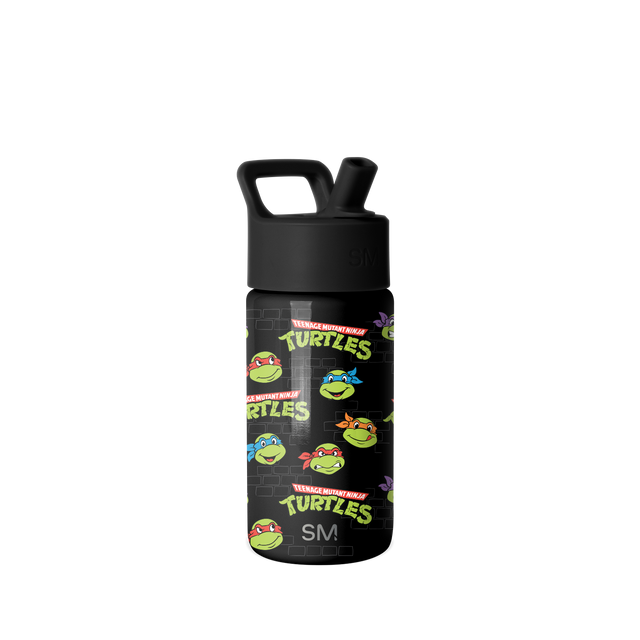 Simple Modern water bottle with Teenage Mutant Ninja Turtles character artwork featuring four turtle heads in red, blue, orange, and purple masks on black background with carrying handle and pop-top spout.