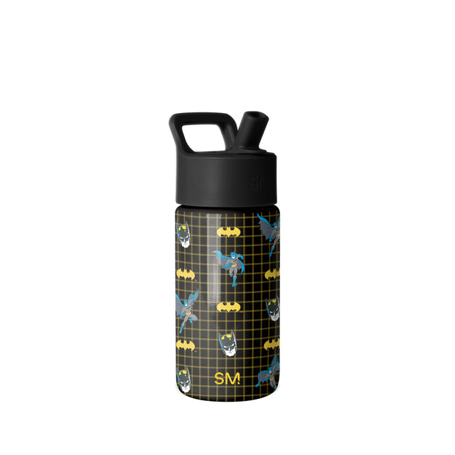 Black Simple Modern water bottle with Batman graphic design featuring yellow plaid pattern, Batman logos, and character illustrations. Includes pop-top flip-lock lid and carry handle.