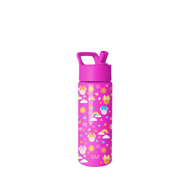 Bright pink Simple Modern water bottle with flip-top straw cap and carry handle, decorated with playful pattern of clouds, smiling faces, suns, rainbows, stars, and hearts in white, yellow, turquoise, and coral accents on