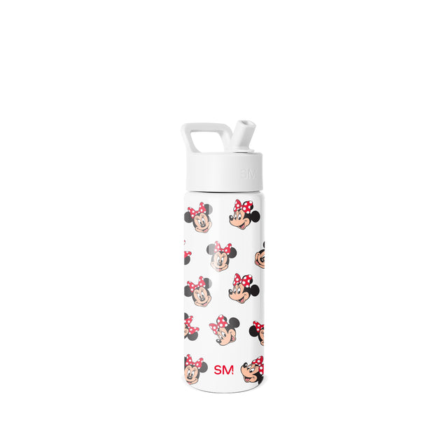White 18oz Simple Modern water bottle with Minnie Mouse character pattern, red text branding, white pop-top lid with carry handle, isolated on neutral background.