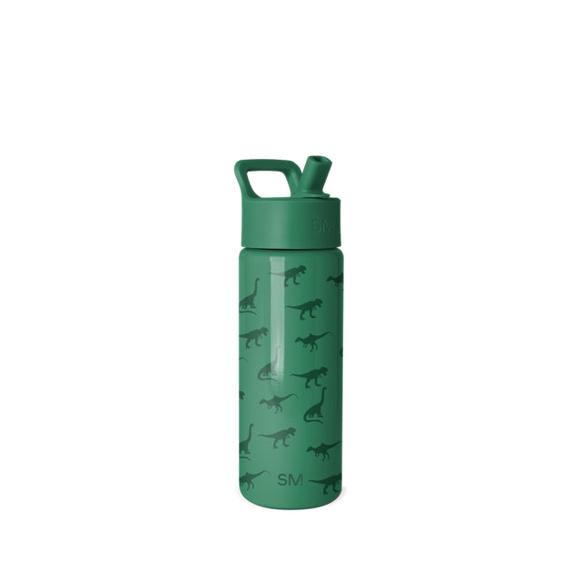 Forest green Simple Modern water bottle with flip-top cap and carrying handle, decorated with dinosaur silhouettes pattern, shown against white background.