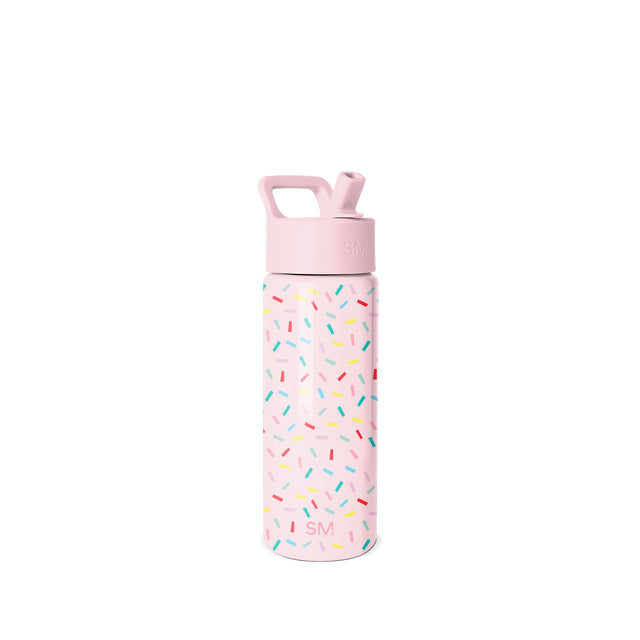 Simple Modern water bottle in soft pink with colorful sprinkle pattern, featuring integrated carry handle and flip-top cap against white background.