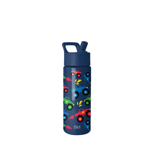 Navy blue water bottle with colorful vehicle and lightning bolt print. Features flip-top cap, carry handle, and wide mouth design. Simple Modern brand.