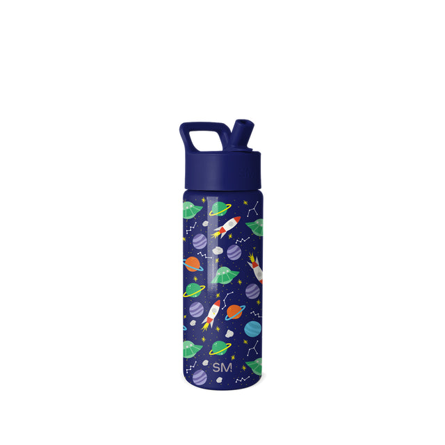 Navy blue water bottle with colorful space-themed graphics including planets, rockets, stars, and constellations. Features matching navy top with pull-tab handle and flip spout. Simple Modern branded product.