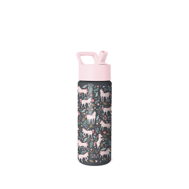 Simple Modern insulated water bottle with pale pink lid and handle, dark base, and cream-colored deer with coral, sage green, and mustard yellow floral pattern throughout.