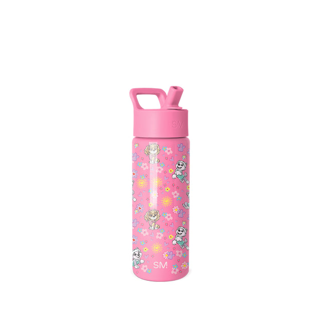 Pink Simple Modern water bottle with flip-top lid and straw, featuring cartoon puppies, paw prints, smiley suns, and flowers in purple, teal, yellow, and pink on coral background.