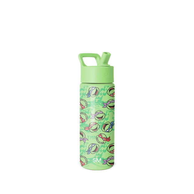 Lime green Simple Modern water bottle with flip-top spout and carry handle, featuring all-over cartoon ninja turtle characters in red, blue, purple, and pink on white background.