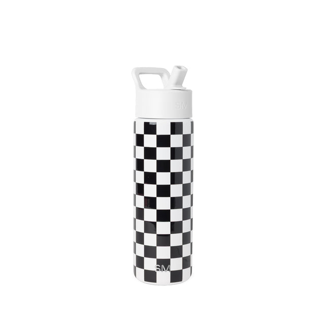 Black and white checkerboard water bottle with white cap, gray band, and handle. SM logo visible on cap and lower body. Studio product photo on light gray background.