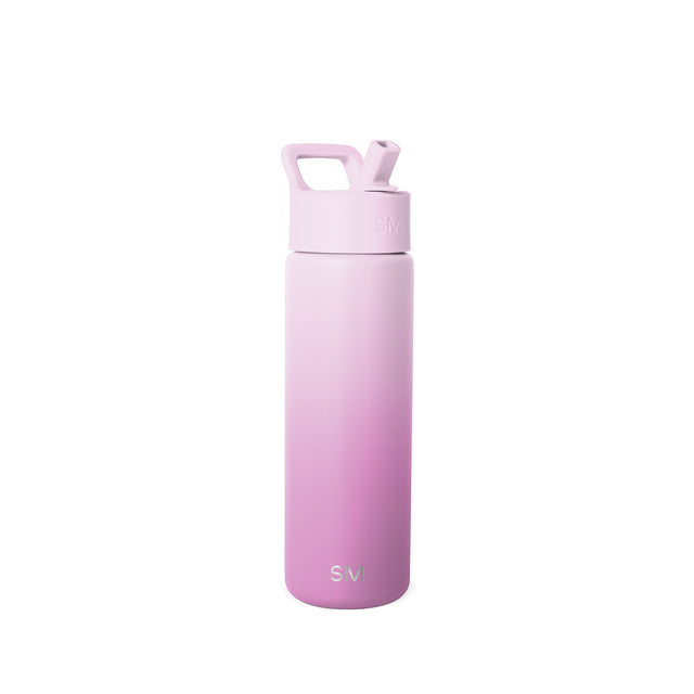 Gradient pink insulated water bottle with handle and spout, 22 oz capacity, featuring SM logo, isolated on white background for e-commerce product display.