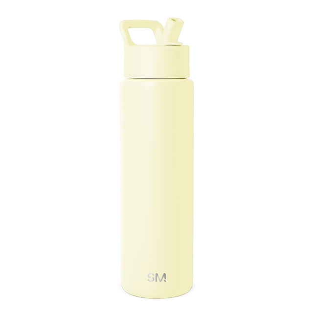 Pale yellow Simple Modern 30-ounce water bottle with squared carry handle and pop-up spout cap, shown against white background. SM logo visible on bottle body.