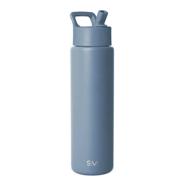 Blue-gray insulated water bottle with sports cap and carry handle loop, shown against white background. Simple Modern logo visible on cap and bottle body.