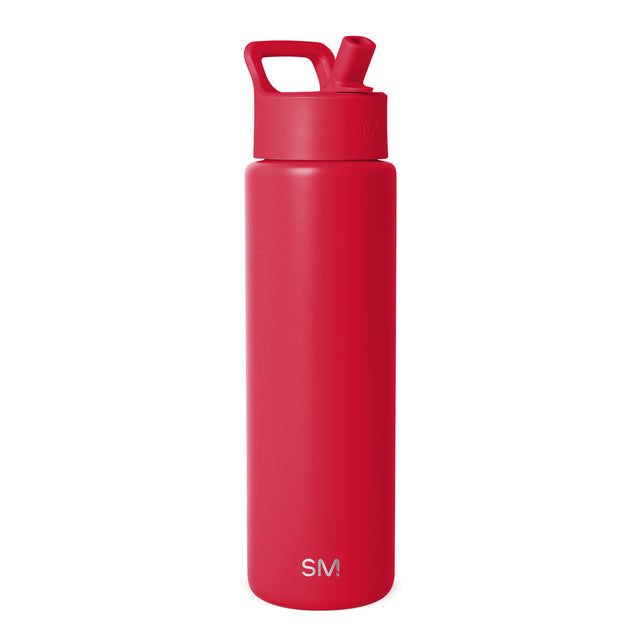 Crimson red Simple Modern water bottle with wide mouth, hinged carrying loop, and angled spout cap on white background. SM logo visible on lower front.