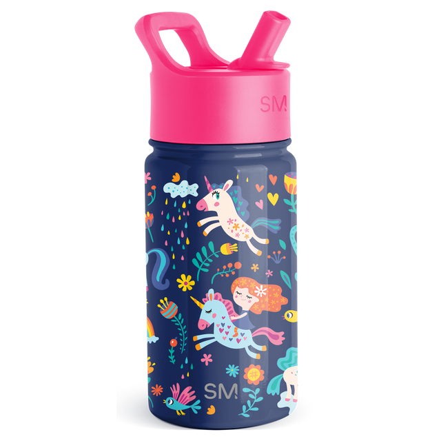 Dark navy blue sports bottle with hot pink top cap and lid