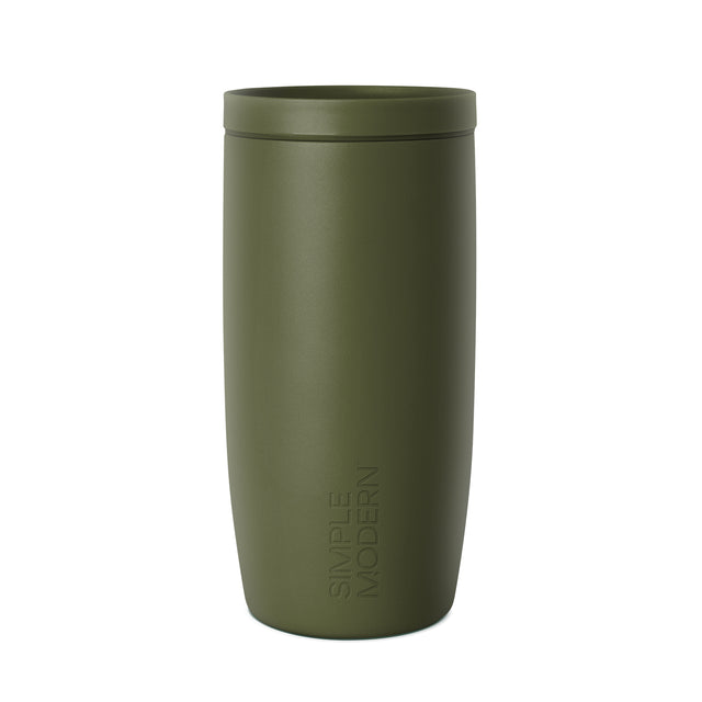 Sage green insulated tumbler with fitted lid and tapered cylindrical design against white background. Simple Modern branding embossed on lower body. Premium matte finish with clean lines.