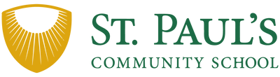 St. Paul's logo horizontal with gold shield emblem on left and forest green text on right