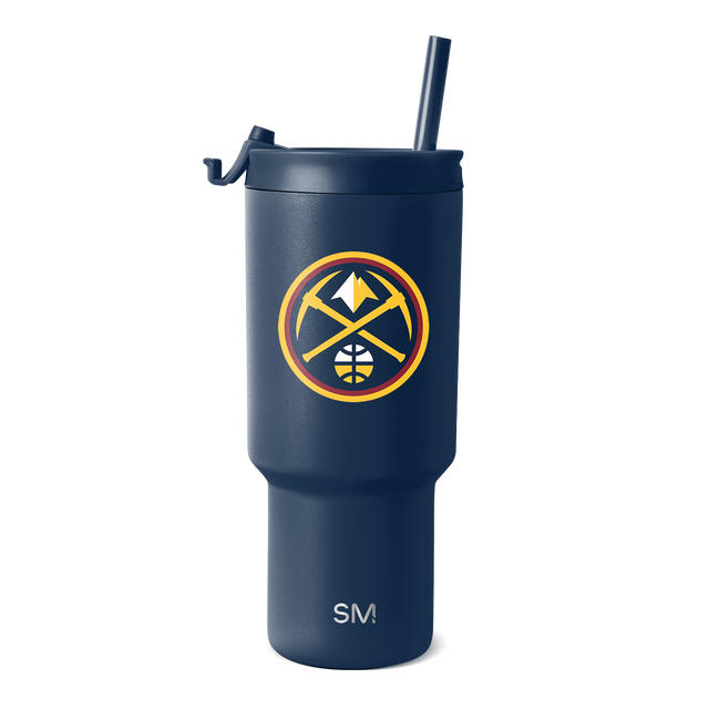 Deep navy blue tumbler with circular logo featuring bright yellow, orange, white, and red accents