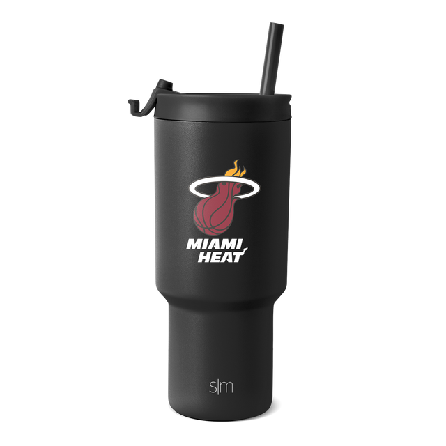 Matte black tumbler with Miami Heat logo in red, white text and outlines, sleek modern design