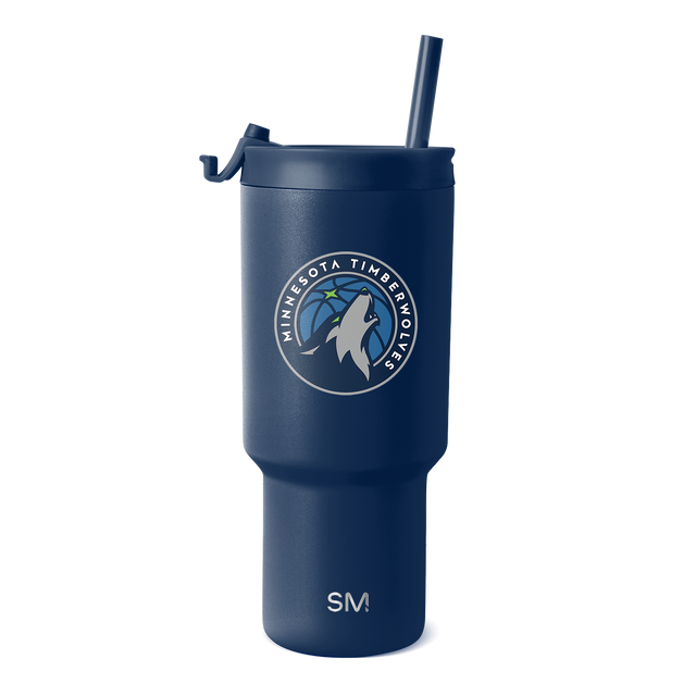 Navy blue insulated tumbler with Minnesota Timberwolves logo in white and light gray, featuring team branding and accents.
