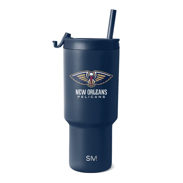 Navy blue drinkware with gold and cream logo accents, white text details