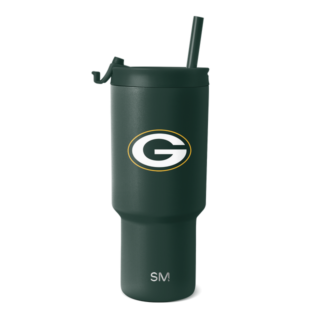 Forest green matte finish tumbler with matching lid, cylindrical design with white accents
