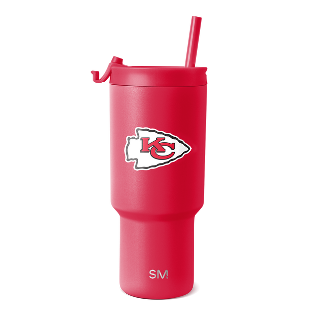 Hot pink tumbler with matching lid, straw, and handle accents, featuring white arrowhead logo and SM branding.